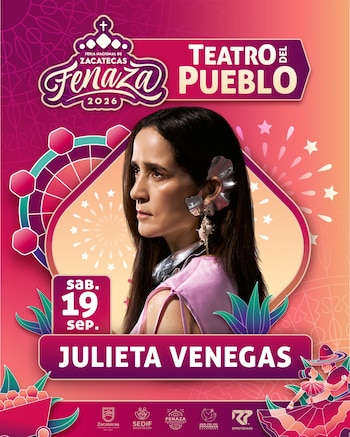 Cartel de la FENAZA 2026 con un retrato de Julieta Venegas, elementos de feria, la fecha del 19 de septiembre y logos institucionales