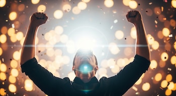 Un hombre levanta los puños en celebración con luz brillante y confeti cayendo. El fondo muestra luces bokeh cálidas. Su cara no es identificable.