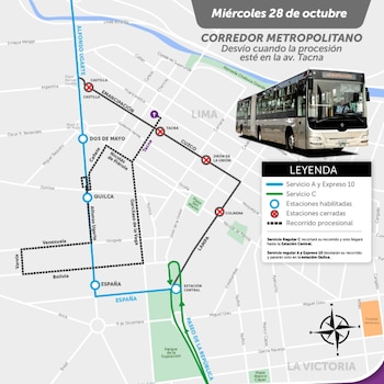El Metropolitano modificará sus recorridos por las avenidas Tacna y Alfonso Ugarte. Las estaciones Colmena, Jirón de la Unión, Tacna y Castilla tendrán cierres temporales, mientras que España, Quilca y Dos de Mayo funcionarán según la etapa del desplazamiento religioso - Créditos: ATU.
