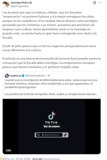 El jefe de Estado afirmó que las pruebas contra la exfuncionaria del Gobierno deben ser entregadas a la Fiscalía General de la Nación - crédito @petrogustavo/X
