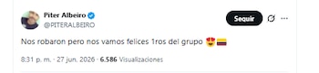 El humorista Piter Albeiro celebró el hecho de que Colombia es primero en el grupo K - crédito @PITERALBEIRO/X
