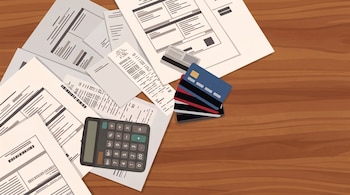 Facturas, recibos, una calculadora gris y un grupo de tarjetas de crédito azules, rojas y negras esparcidas sobre una mesa de madera.
