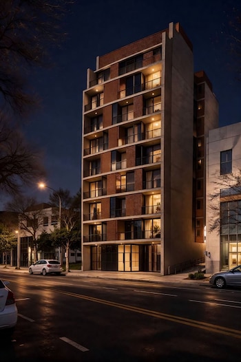 Edificio de apartamentos moderno de varios pisos con balcones y fachadas de ladrillo y hormigón, iluminado de noche en una calle urbana con coches