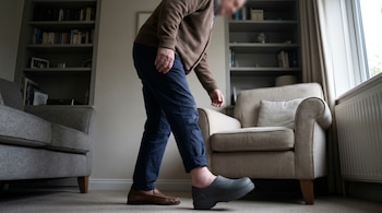 Hombre de mediana edad camina lentamente en una casa. Lleva pantalón azul, suéter marrón, y calza un zapato ortopédico gris y un mocasín marrón.