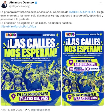 Alejandro Ocampo calificó la marcha del 14 de octubre como la primera movilización opositora - crédito @alejoocampog/X