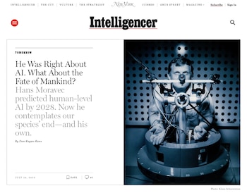 Captura de pantalla de un artículo de Intelligencer. Hombre conectado a un dispositivo con sensores en cabeza y brazos. Fondo con puntos