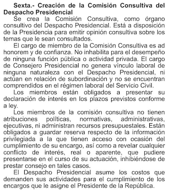 Texto en español titulado Sexta Creación de la Comisión Consultiva del Despacho Presidencial con varios párrafos explicativos