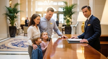Una familia de cuatro, dos adultos y dos niños, se encuentra de pie en un mostrador de madera pulida en la recepción de un hotel elegante con un conserje.