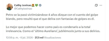 Cathy Juvinao propuso un "voto de silencio" frente a Gustavo Petro - crédito @CathyJuvinao/X