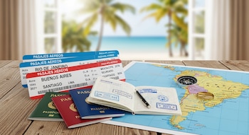 Una mesa de madera con pasajes aéreos, pasaportes, un mapa de Sudamérica, una brújula y un bolígrafo, con un fondo de playa borroso.