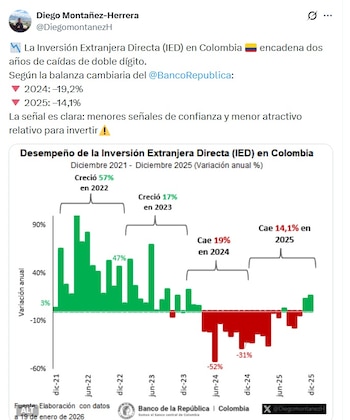 Diego Montañez-Herrera, investigador de la Universidad Eafit, alertó que la inversión extranjera directa en Colombia ncadena dos años de caídas de doble dígito - crédito @DiegoMontanezH/X