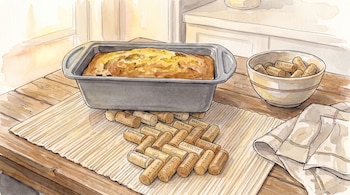 Ilustración en acuarela de un molde metálico con pan horneado sobre corchos de vino, junto a un cuenco con más corchos y un paño de cocina.