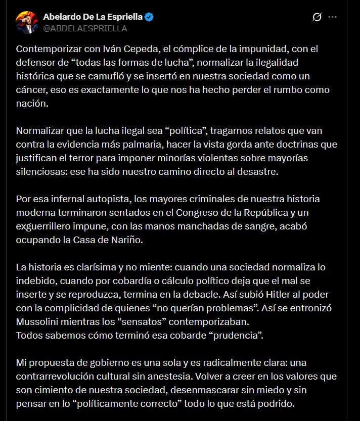 Respuesta de Abelardo de la Espriella a María Claudia Lacouture - crédito @ABDELAESPRIELLA/X