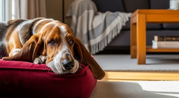 Primer plano de un Basset Hound tricolor tumbado en un cojín rojo. Se ven sus orejas largas, cara y una pata, con muebles de salón difusos al fondo.