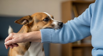 Primer plano de un perro marrón y blanco con dientes visibles mordiendo el brazo de una persona mayor que lleva un suéter azul claro.