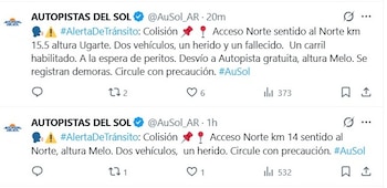 Captura de pantalla con dos mensajes en red social de la cuenta Autopistas del Sol con alertas de tránsito sobre colisiones