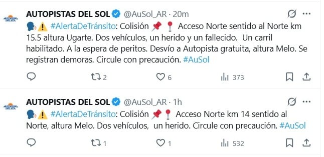 Autopistas del Sol informa sobre colisión de vehículos y demoras en el Acceso Norte. (Autopistas del Sol)