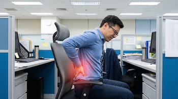 Hombre con camisa azul sentado en una silla de oficina que se toca la zona lumbar iluminada en rojo.