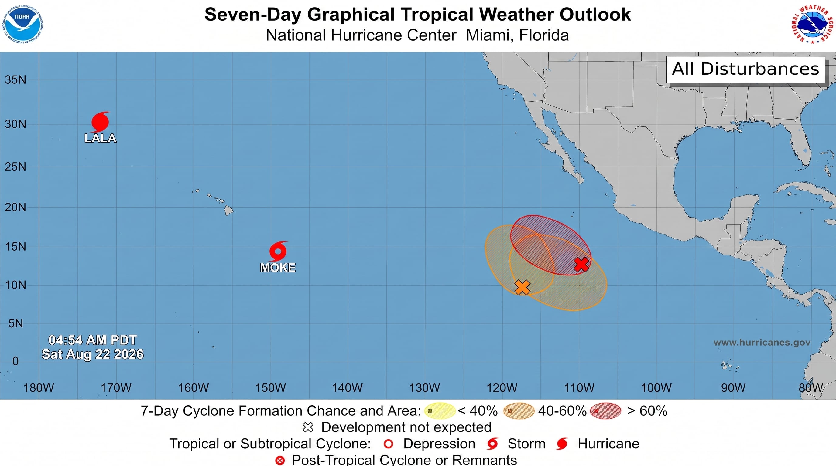 El NWS y el CPHC ubicaron a la tormenta tropical Moke a menos de 600 millas de Hilo, con vientos sostenidos de 45 mph y desplazamiento hacia el oeste-noroeste. (NHC)