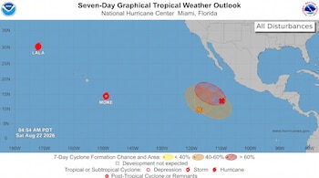 Mapa meteorológico del océano Pacífico con íconos de tormentas llamadas Lala y Moke, áreas sombreadas en rojo y naranja y una leyenda inferior.
