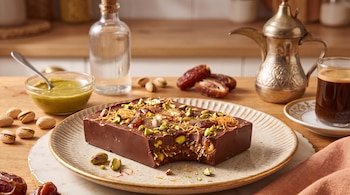 Barra de chocolate iniciada sobre un plato, rodeada de pistachos, dátiles, crema verde, una cafetera dorada y una taza de café.