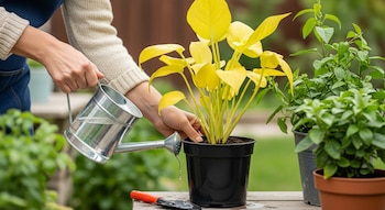 Manos de persona adulta riegan una planta en maceta con hojas amarillas usando una regadera de metal. Se observan otras plantas verdes y una pala de jardinería.