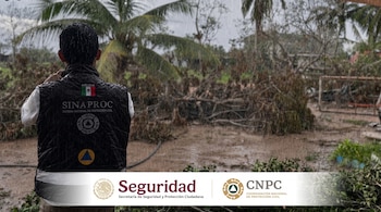 Hombre de espaldas con chaleco del Sistema Nacional de Protección Civil de México, lluvia cayendo, palmeras y vegetación caída, suelo con lodo, logos de Seguridad y CNPC.