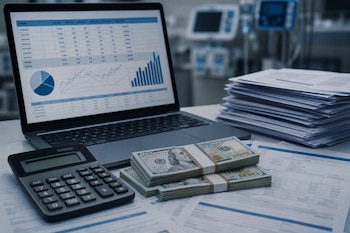 Un ordenador portátil con gráficos, una calculadora, billetes de dólar y folios sobre una mesa con equipos médicos al fondo.