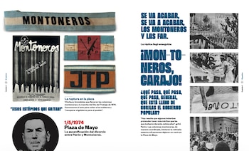 Diseño editorial con imágenes de insignias de Montoneros, carteles, fotos en blanco y negro de marchas y un retrato de Juan Domingo Perón