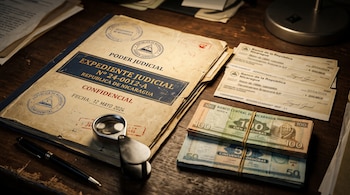 Carpeta de expediente judicial de Nicaragua, cheques bancarios, billetes de córdobas, una pequeña lupa y un bolígrafo sobre una mesa de madera.