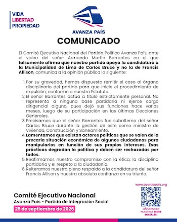 Comunicado oficial impreso con el logotipo de Avanza País, seis puntos numerados en texto negro sobre fondo blanco y un código QR