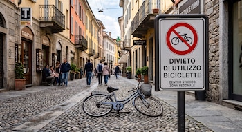 Bicicleta azul acostada sobre calle adoquinada junto a señal blanca que prohíbe el uso de bicicletas en zona peatonal, con edificios y personas al fondo