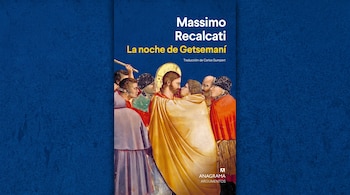 Cubierta de libro azul con el nombre de Massimo Recalcati, título La noche de Getsemaní, y una pintura que muestra el beso de Judas a Jesús.