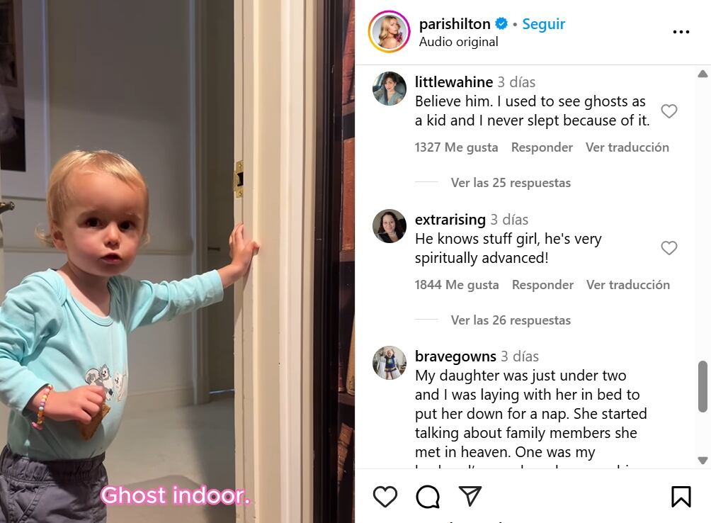 Paris Hilton se mostró tranquila y serena durante las grabaciones en que aparece su hijo señalando al supuesto fantasma. (Créditos: Instagram / parishilton).