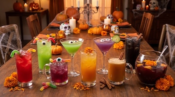 Vasos y copas con bebidas de colores, gomitas y canela sobre una mesa de madera con flores de cempasúchil, calaveras y calabazas.