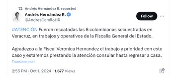 El cónsul de Colombia en México, Andrés Hernández, informó que las colombianas fueron rescatadas gracias a operativos de la Fiscalia General del Estado - crédito @AndresCamiloHR/X