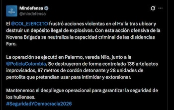 El Ministerio de Defensa afirmó que la intervención en Huila afectó la logística del grupo armado y frustró posibles atentados sin dejar heridos - crédito @mindefensa / X