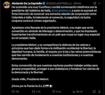 Abelardo De La Espriella destacó en redes sociales una conversación con la primera ministra italiana Giorgia Meloni, en la que abordaron cooperación bilateral en comercio, seguridad y lucha contra el crimen organizado - crédito Abelardo de la Espriella/X