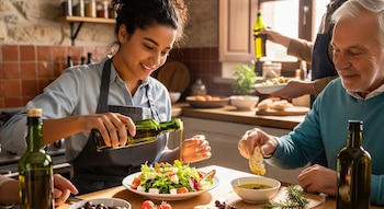 Una mujer joven vierte aceite de oliva en una ensalada mientras un hombre mayor moja pan en aceite en una mesa de cocina, con botellas de aceite.