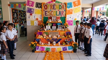 Estudiantes en uniforme escolar observan un altar con flores amarillas, papel picado, alimentos, calaveras y fotografías en un pasillo escolar.