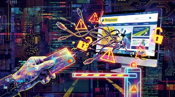 Ilustración de una mano con tarjeta bancaria frente a barrera de peaje, una computadora con sitio falso Telepase, cables, señales de advertencia y candado abierto.