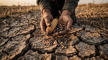 Manos de un agricultor con una mazorca de maíz y frijoles sobre un suelo seco y agrietado con granos dispersos.