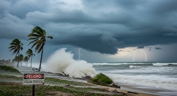 Una playa con palmeras azotada por una fuerte tormenta, con nubes oscuras, relámpagos sobre el mar, grandes olas rompiendo y un cartel que indica 'PELIGRO: CICLÓN TROPICAL'.