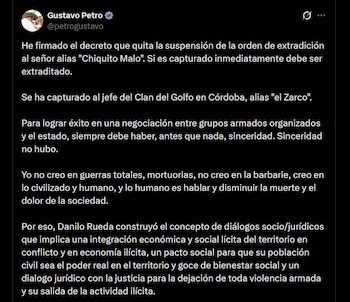 El Gobierno sostuvo que “Chiquito Malo”, cabecilla del Clan del Golfo desde 2021, no mostró voluntad para aportar a los diálogos de paz - crédito X