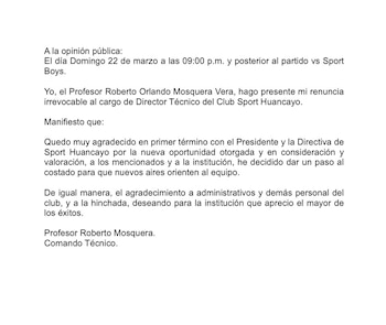 La renuncia de Roberto Mosquera