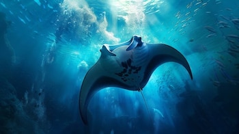 Una raya manta gigante nada bajo la superficie del agua. La luz solar penetra desde arriba. Cardúmenes de peces pequeños nadan a la derecha y en el fondo