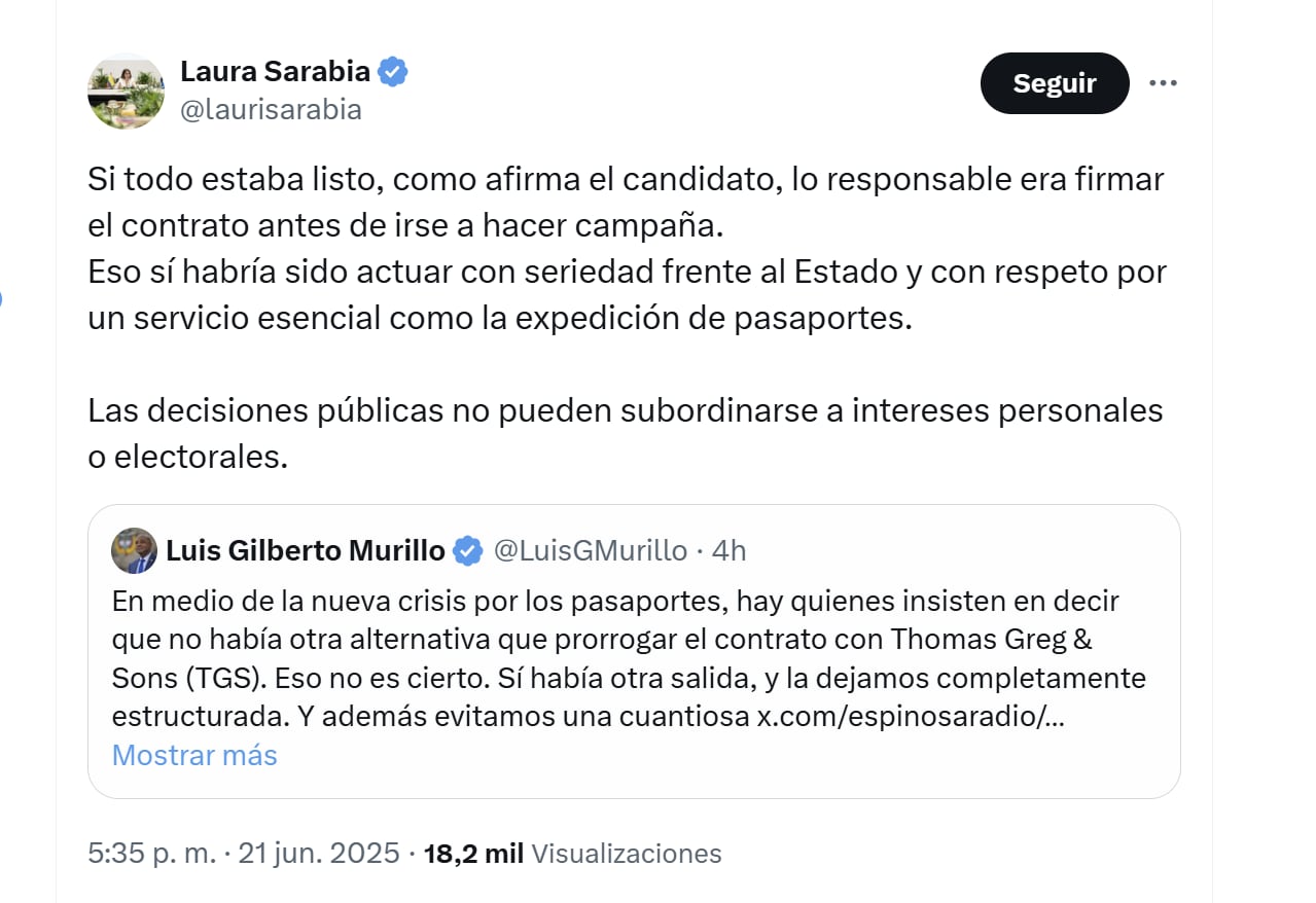 Laura Sarabia criticó a Luis Gilberto Murillo por no haber firmado el contrato para la producción de pasaportes - crédito @laurisarabia/X