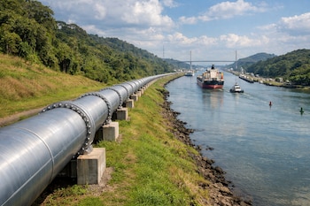 Um gasoduto metálico paralelo ao Canal do Panamá. Na água, navios de carga e navios de cruzeiro. Ao fundo, pontes estaiadas e colinas verdes.