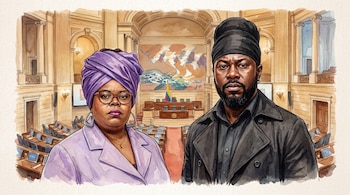 Ilustración de mujer con turbante morado y gafas, y hombre con turbante negro y barba. Fondo: Cámara de Representantes de Colombia con bandera.
