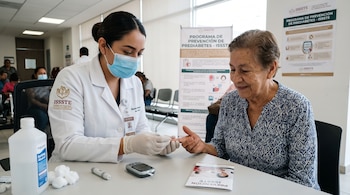 Una profesional de la salud con mascarilla le toma una muestra de sangre en el dedo a una mujer mayor sentada frente a un escritorio.